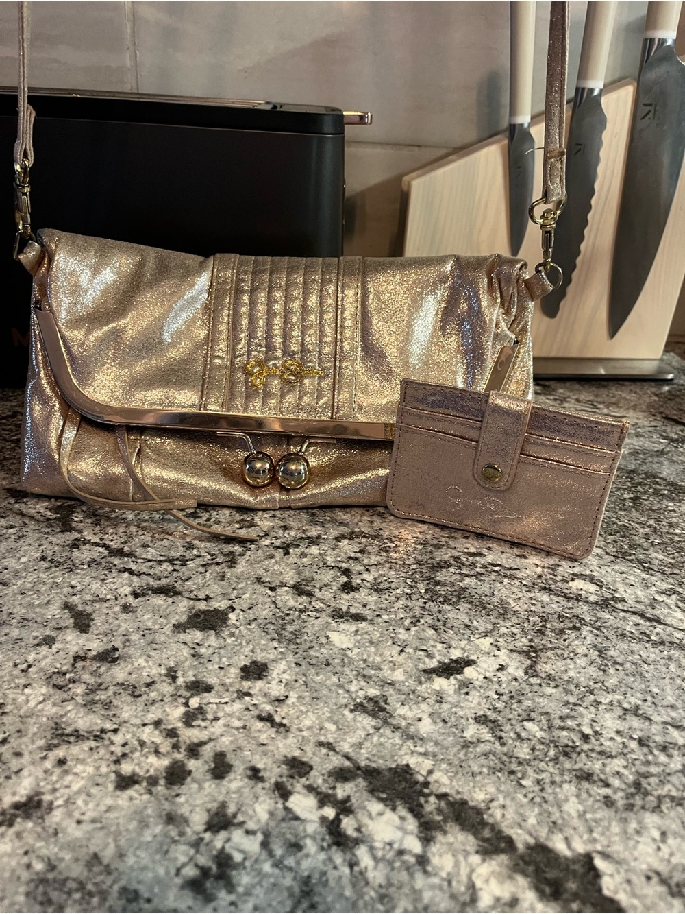 Jessica Simpson Purse Faux Leather Gold Crossbody Kiss Lock w/Accessory